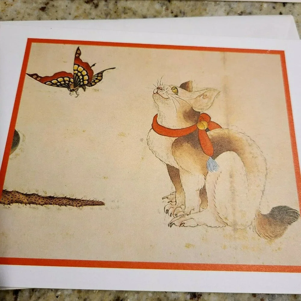 Katsushika Hokusai Cat and Butterfly Set of 4 Blank Greeting Cards w/ Envelopes
